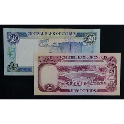 520 - Cyprus (2), 20 Pounds dated 1st October 2001, serial Y058140 (BNB B321b, Pick63b), 5 Pounds dated 1s... 