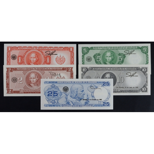 562 - El Salvador (5), 25 Colones dated 1983, 10 Colones, 5 Colones, 2 Colones dated 1976, 1 Colon dated 1... 