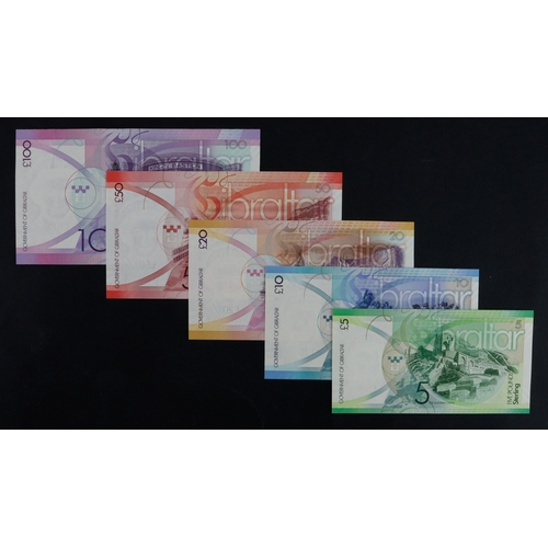 607 - Gibraltar (5), collection of FIRST prefix 'A/AA', 100 Pounds dated 2011 serial A/AA 006505, 50 Pound... 