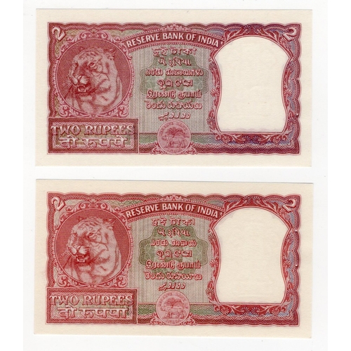 627 - India 2 Rupees (2) issued 1951 & 1957 signed Benegal Rama Rau, one with ERROR in denomination in Hin... 