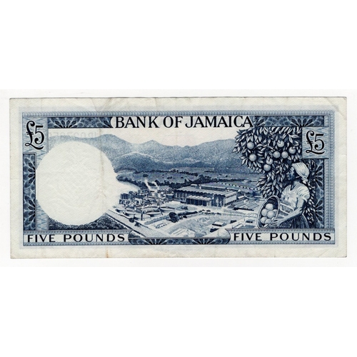 650 - Jamaica 5 Pounds dated law 1960, portrait Queen Elizabeth II at left, signed George Arthur Brown, se... 