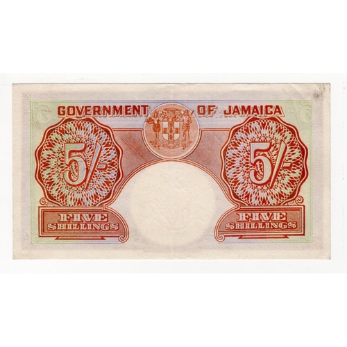 651 - Jamaica 5 Shillings dated 7th April 1955, portrait King George VI at left, serial 49D 68150 (BNB B10... 