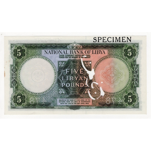 671 - Libya, National Bank of Libya 5 pounds 1955 issue, SPECIMEN note serial number B/3 000000, black Ara... 