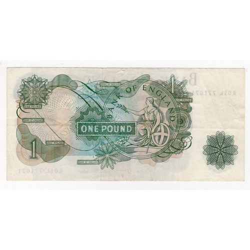 68 - Fforde 1 Pound (B307) issued 1967, scarce mid FIRST PREFIX note 'R01L' prefix, scarcer issue with 'G... 