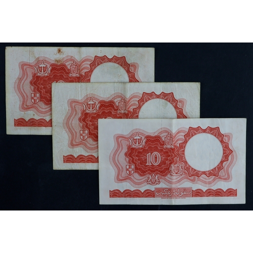 681 - Malaya & British Borneo 10 Dollars (3) dated 1st March 1961, prefixes A/31, A/56, A/62 (BNB B109a, P... 