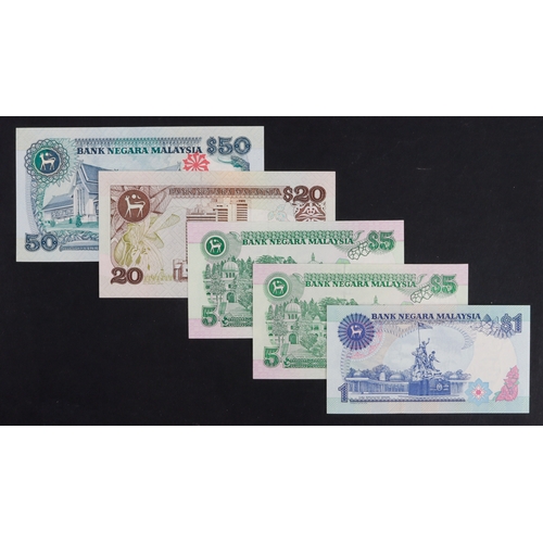 685 - Malaysia (5), 50 Ringgit issued 1987, 20 Ringgit issued 1989, 5 Ringgit (2) issued 1989 & 1991, 1 Ri... 