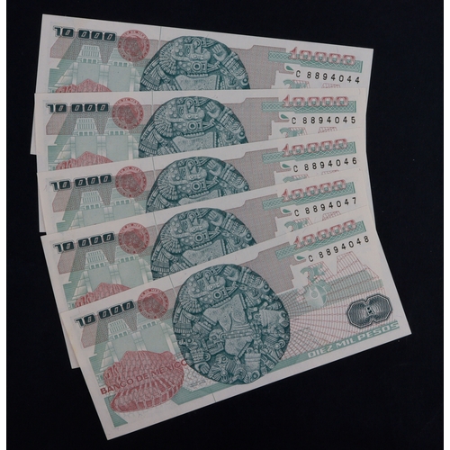 710 - Mexico 10,000 Pesos (5) dated 28th March 1989, a consecutively numbered run, series PH, serial C 889... 