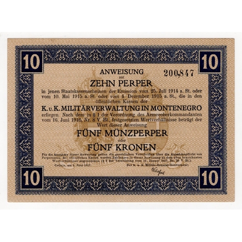 717 - Montenegro 10 Perper = 5 Munzperper = 5 Kronen dated 1st June 1917, Military issue Army administrati... 