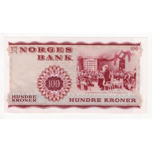 735 - Norway 100 Kroner dated 1963, serial A6511648 (BNB B667b, Pick38a) Uncirculated