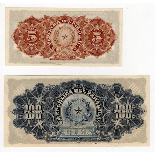 742 - Paraguay (2), 5 Pesos and 100 Pesos dated 26th December 1907, serial A 0023580 & A 0027312 (Pick156 ... 