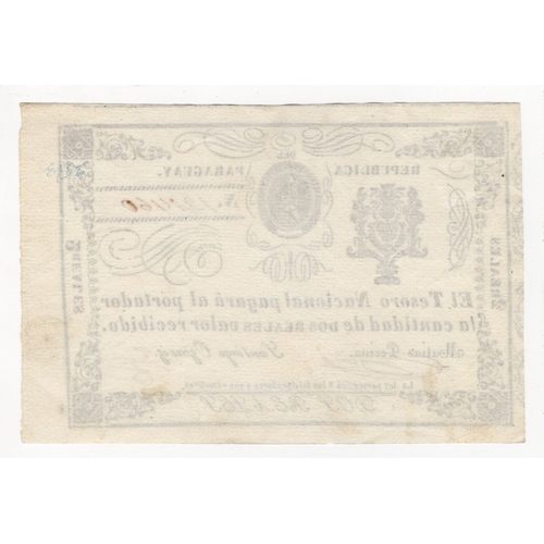 744 - Paraguay 2 Reales issued 1865, serial no. 121460 (Pick19) very light handling otherwise Uncirculated... 