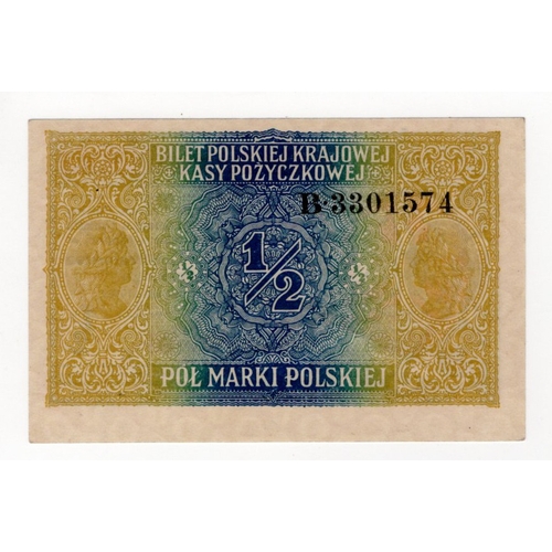 756 - Poland 1/2 Marki dated 1917, second issue, serial B 3301574 (Pick7) light handling, EF+ to about Unc... 