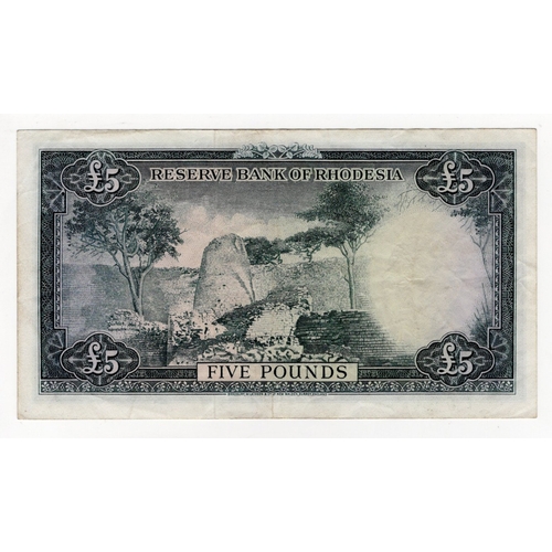 788 - Rhodesia 5 Pounds dated 12th November 1964, portrait Queen Elizabeth II at right, signed N.H.B. Bruc... 