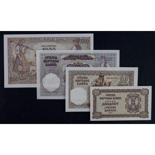 814 - Serbia (4), 100 Dinara, 50 Dinara & 20 Dinara dated 1941, 1000 Dinara dated 1942 (BNB B302a, 304a, 3... 