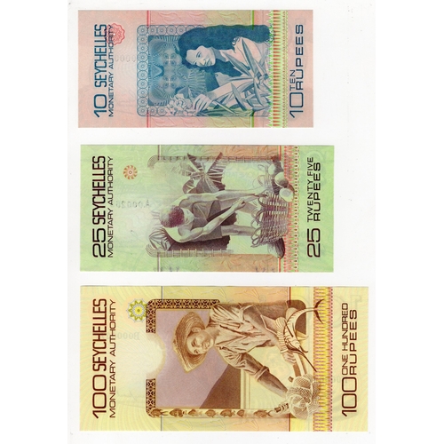 815 - Seychelles (3), Monetary Authority 100 Rupees issued 1980, 25 Rupees and 10 Rupees issued 1979, all ... 