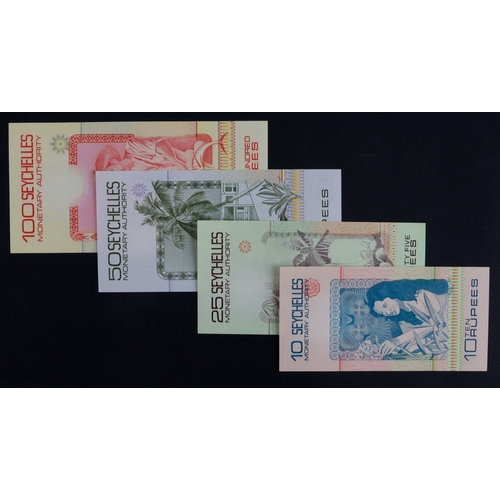 817 - Seychelles (4), 100 Rupees, 50 Rupees, 25 Rupees, 10 Rupees issued 1979, the 100 Rupees has a LOW se... 