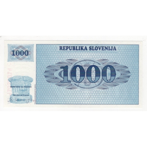 827 - Slovenia 1000 Tolarjev dated 1991, serial AH 91052014 (BNB B209b, Pick9a) about Uncirculated