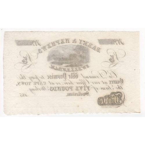 842 - South Africa 5 Pounds Barry & Nephews, Swellendam unissued remainder dated 185x, vignette of cattle ... 