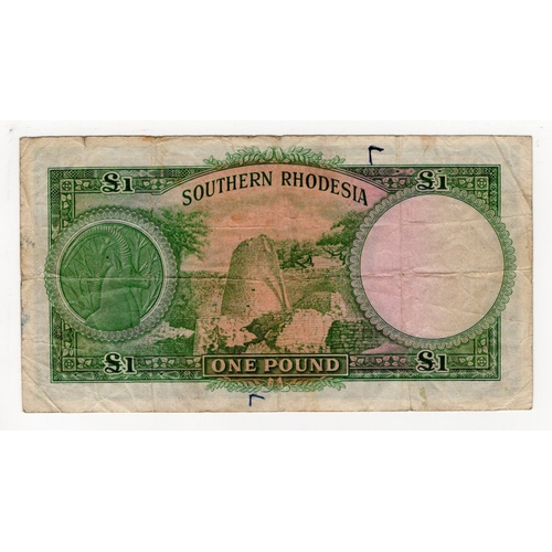 845 - Southern Rhodesia 1 Pound dated 10th January 1950, portrait King George VI at right, serial B/94 084... 