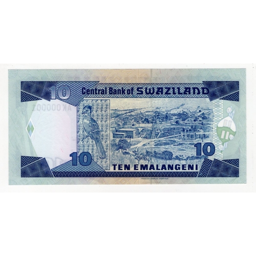 861 - Swaziland 10 Emalangeni dated 1998, FIRST PREFIX and very first note for this signature type, a NUMB... 