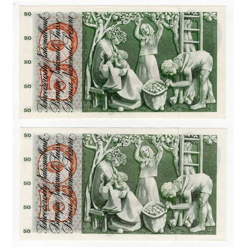 877 - Switzerland 50 Franken (2) dated 23rd December 1965 serial 21R 33279 and 24th January 1972 serial 39... 