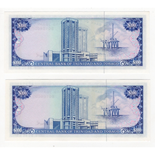 890 - Trinidad & Tobago 100 Dollars (2) issued 1985 signed Harewood, serial BQ 164005 & BQ 164007 (BNB B21... 