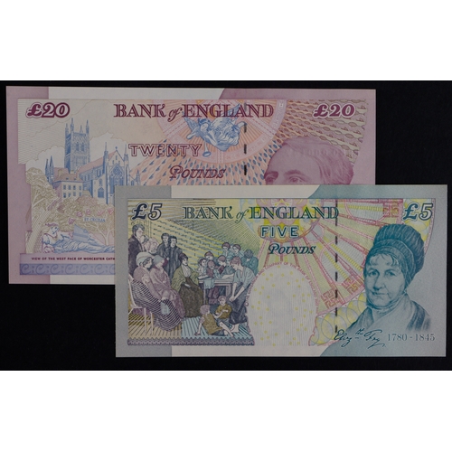 92 - Lowther (2), a pair of SPECIAL PREFIX notes, Lowther 20 Pounds issued 1999 & 5 Pounds issued 2002 wi... 