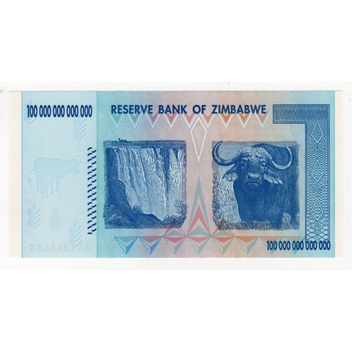 925 - Zimbabwe 100 Trillion Dollars dated 2008, the highest denomination issued, serial AA 4355653 (BNB B1... 