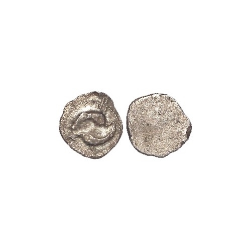 465 - Ancient Greek: Etruria, Populonia silver Obol, 3rd C BC. Two dolphins swimming in circle / reverse b... 