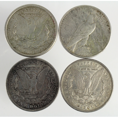 733 - USA Silver Dollars (4): Morgan: 1878S EF bagmarks, 1898 nEF, 1921S VF, and Peace: 1923S nVF.