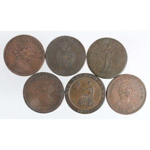 934 - Tokens, 19thC copper Pennies (6) assortment F-VF.