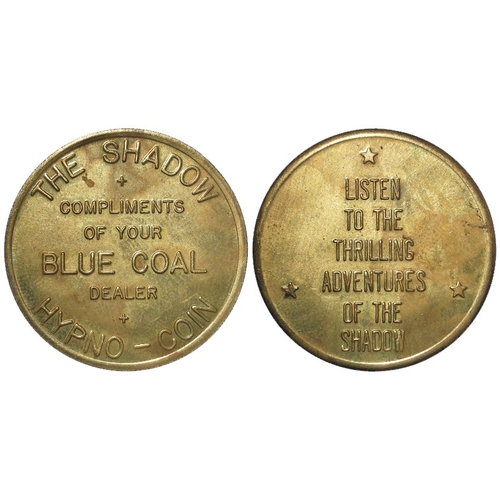 936 - USA Advertising Medal - early superhero interest - THE SHADOW, HYPNO-COIN, compliments of your BLUE ... 