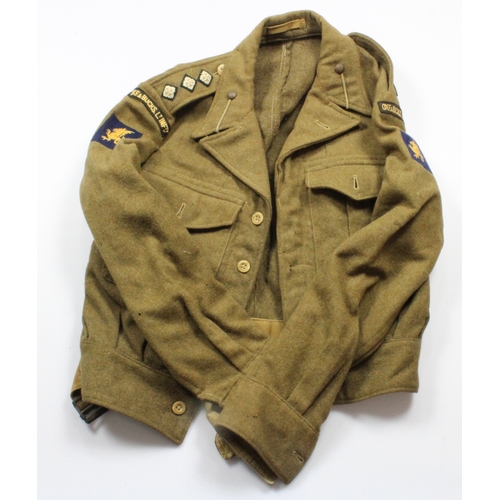 523 - WW2 Ox & Bucks Light Infantry uniforms service jacket and battle dress blouse named to G P Bacon and... 