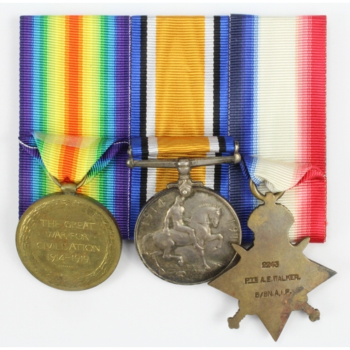 580 - 1915 Star Trio (2243 Pte A E Walker 5/Bn A.I.F) with copied research. Born Sligo, Ireland.  (3)