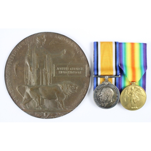 647 - BWM & Victory Medal + Death Plaque for (93868 Pte Joseph George Hutchinson Notss & Derby Regt). Died... 