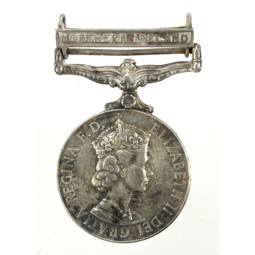 668 - CSM QE2 with Northern Ireland clasp (24753433 Gnr S M Barker RA) medal poor condition as rescued fro... 