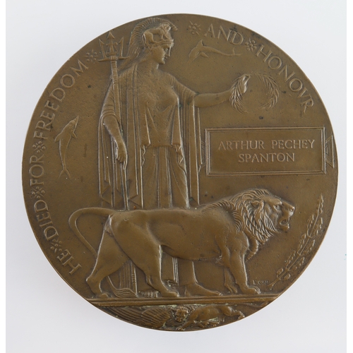 673 - Death Plaque for 4125 Pte Arthur Pechey Spanton No 3 Coy 1st Bn HAC. Killed in Action 1/11/1916. Bur... 