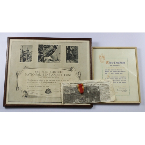 688 - Fire Brigade LS Medal QE2 (Fireman Charles H J Minister). Together with a framed Ipswich FS Retireme... 