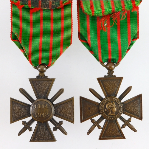 693 - French Croix de Guerre, both 1914-1918. One with 3 Stars. Both with original ribbons.  (2)