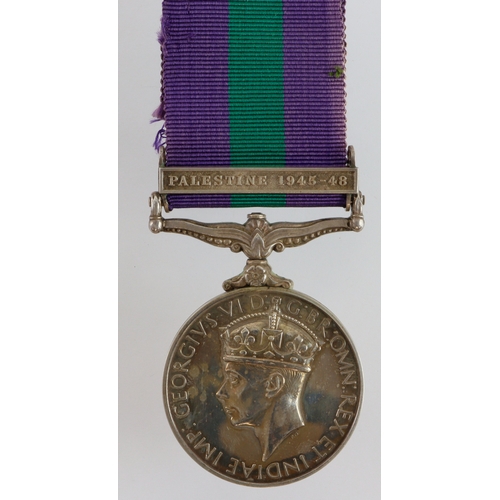707 - GSM GVI with Palestine 1945-48 clasp (886674 Gnr G Morrey RA) with copied research, served 2. Field ... 