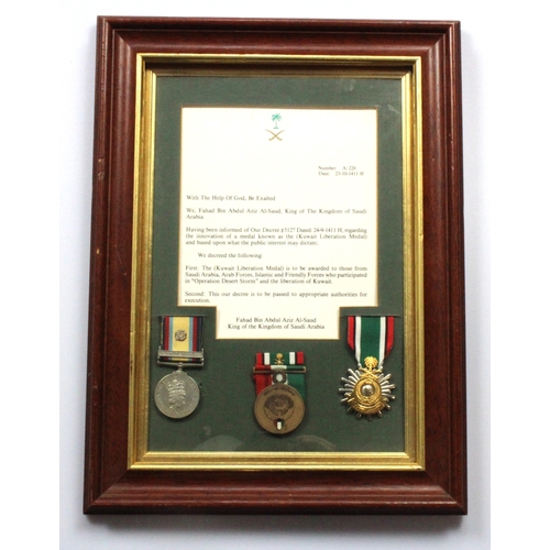 712 - Gulf war group of three in frame with award citation consisting of Gulf War medal with 16th Jan to 2... 