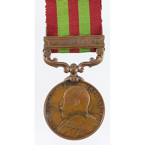 717 - IGS medal 1896 ERVII bronze example as issued to natives with Waziristan 1901-2 clasp with engraved ... 