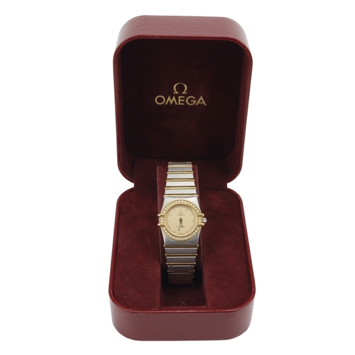 619 - Omega Constellation steel and gold diamond set ladies quartz wristwatch, ref. 895.1080, circa 1986. ... 