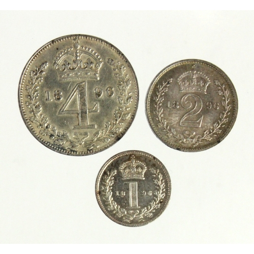 105 - Maundy (partial) Set 1896, missing 3d; the 4d cleaned aEF, the 2d & 1d nFDC.