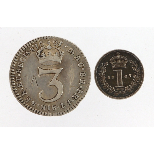 106 - Maundy Oddments (2): William & Mary Threepence 1691/0 no ties to wreath (they are all faint overdate... 