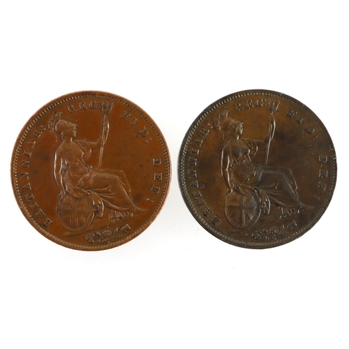 143 - Pennies (2) QV copper: 1854 OT toned EF light scratches, and 1858 OT GVF.