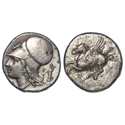 242 - Ancient Greek: Corinth silver Stater 345-307 BC. Pegasos flying left. / Helmeted head of Athena left... 