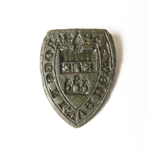 278 - Artefact: Medieval copper alloy seal matrix found in Great Horkesley near Colchester, 27.4x21.2mm, b... 