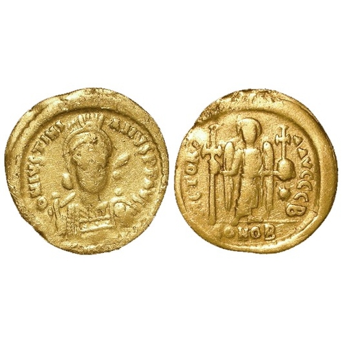281 - Byzantine gold Solidus of Justin I, officina B (AD 522-527), Constantinople mint, 3.92g, Fine, sligh... 