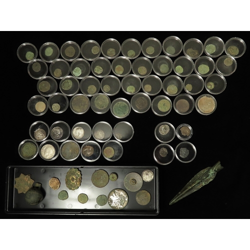 290 - Coins & Artefacts (67) detector-finds, Bronze Age to 20thC. Noted: Celtic silver unit of Cunobelin, ... 